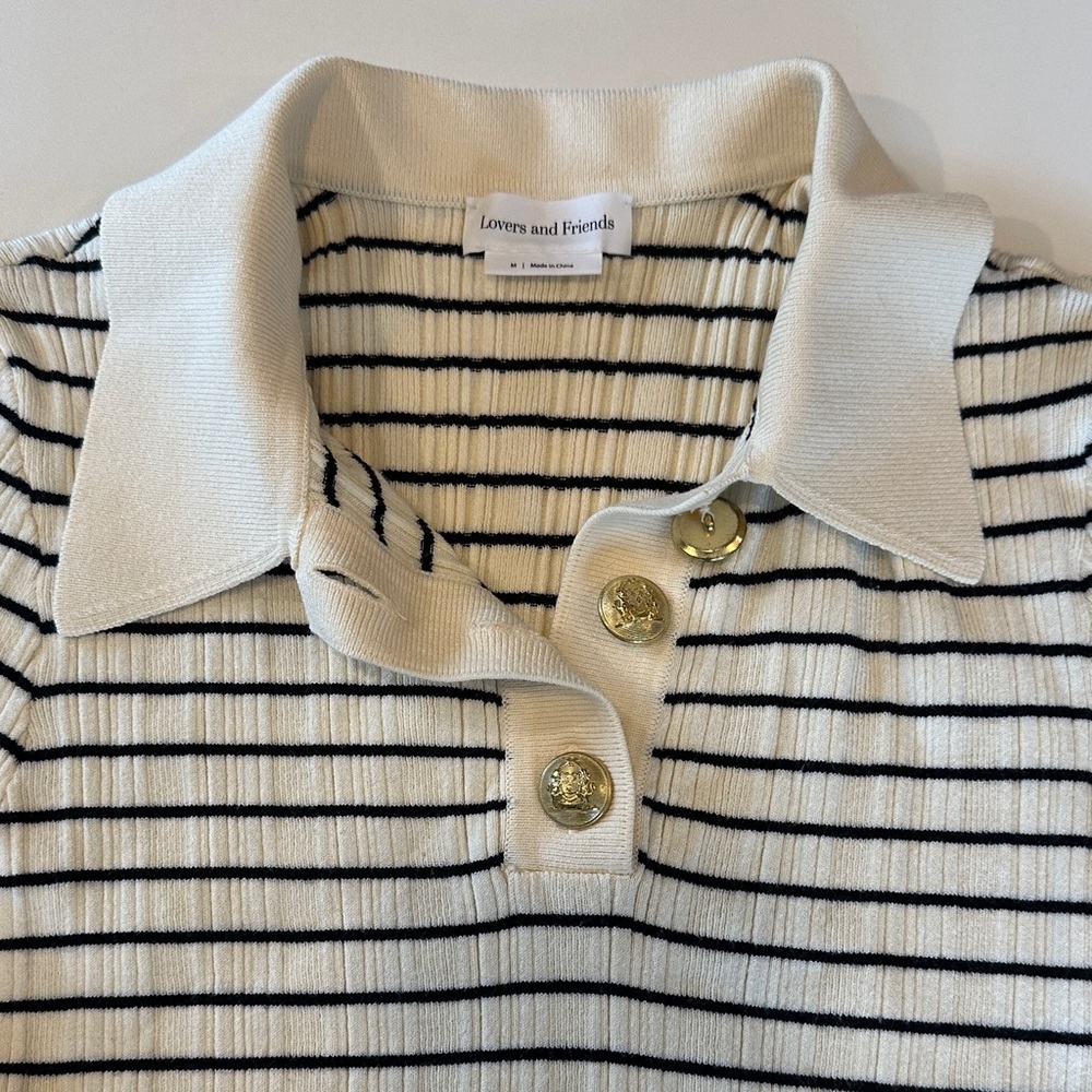 Lovers + Friends Cream and Black Striped Polo Knit Top
